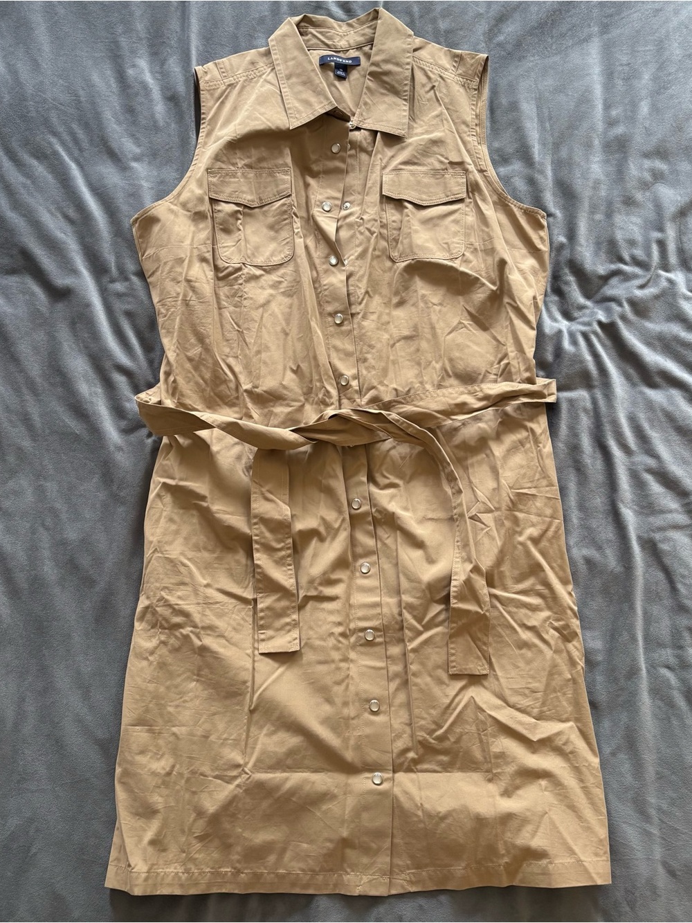 Lands' End Sleeveless Utility Shirt Dress in Tan
